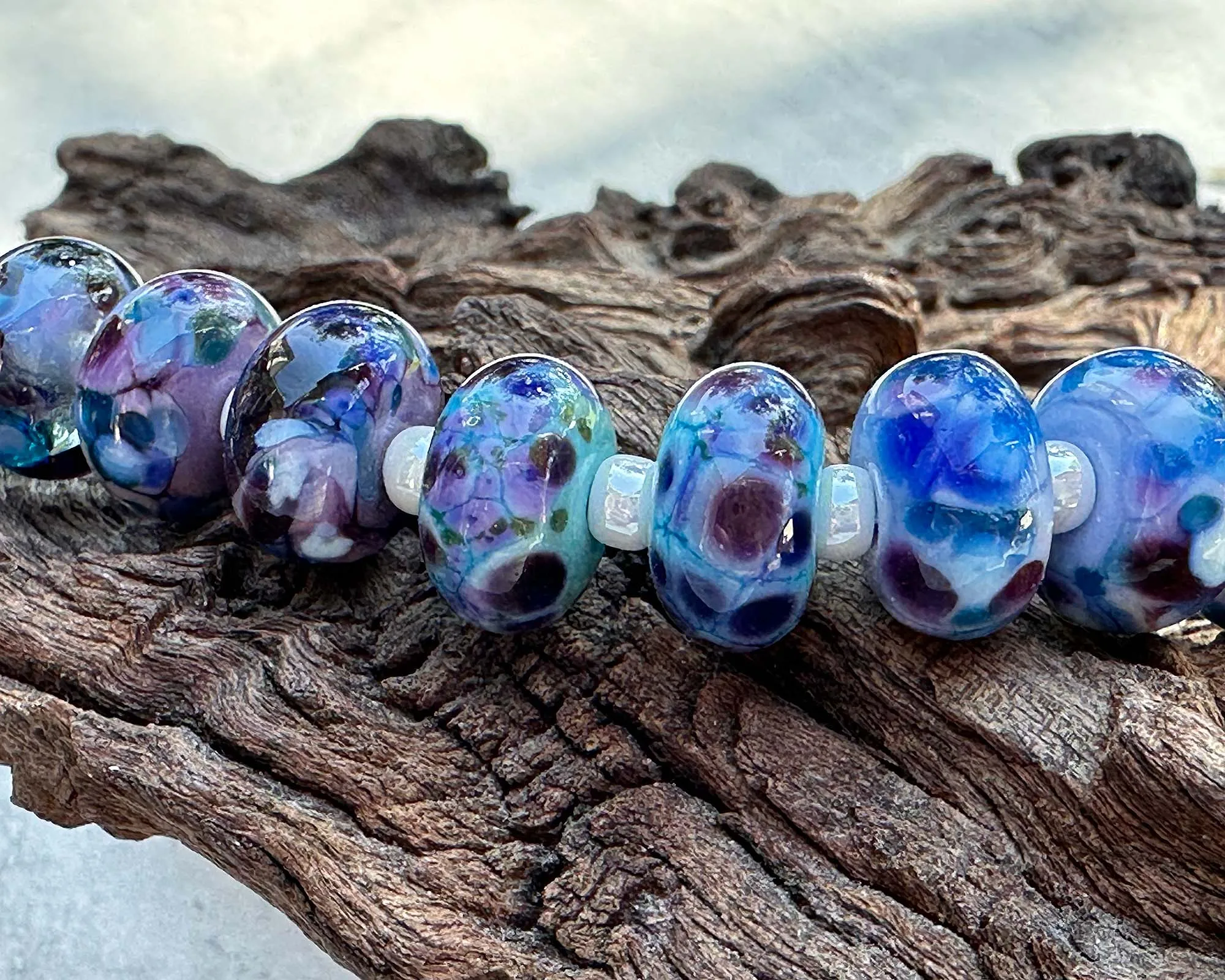 14 Blue Mosaic Mix Lampwork Beads Set SRA