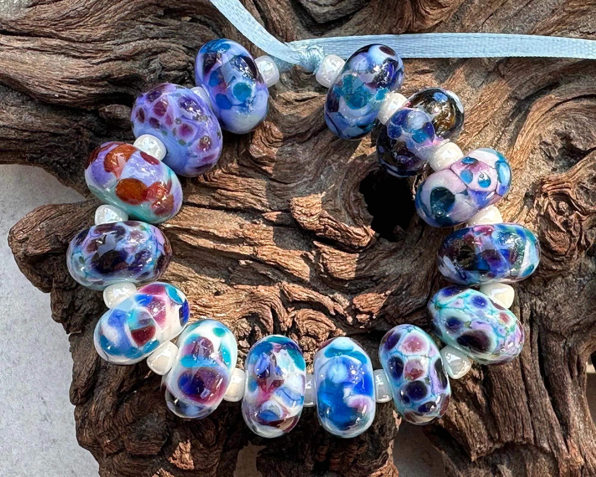 14 Blue Mosaic Mix Lampwork Beads Set SRA