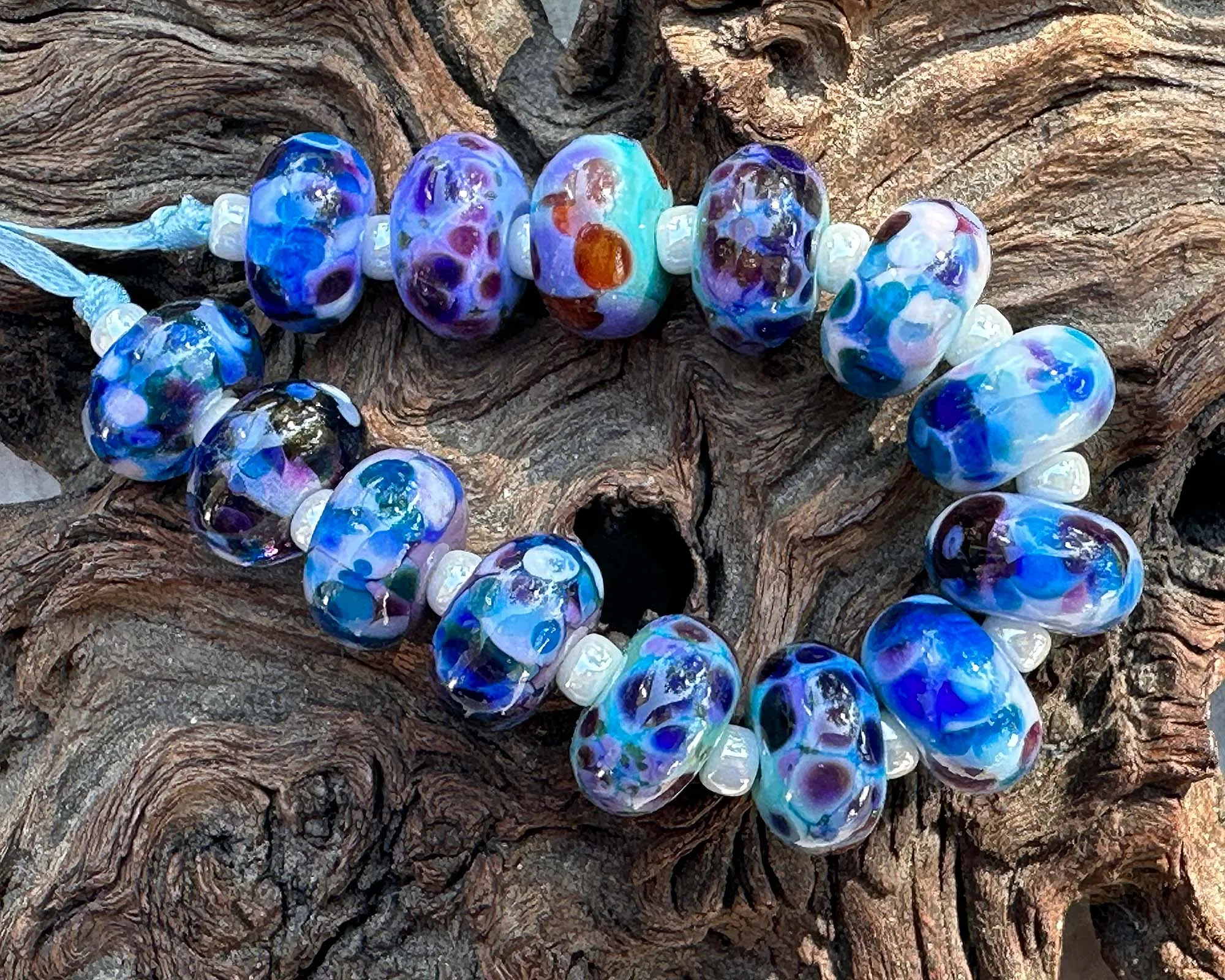 14 Blue Mosaic Mix Lampwork Beads Set SRA