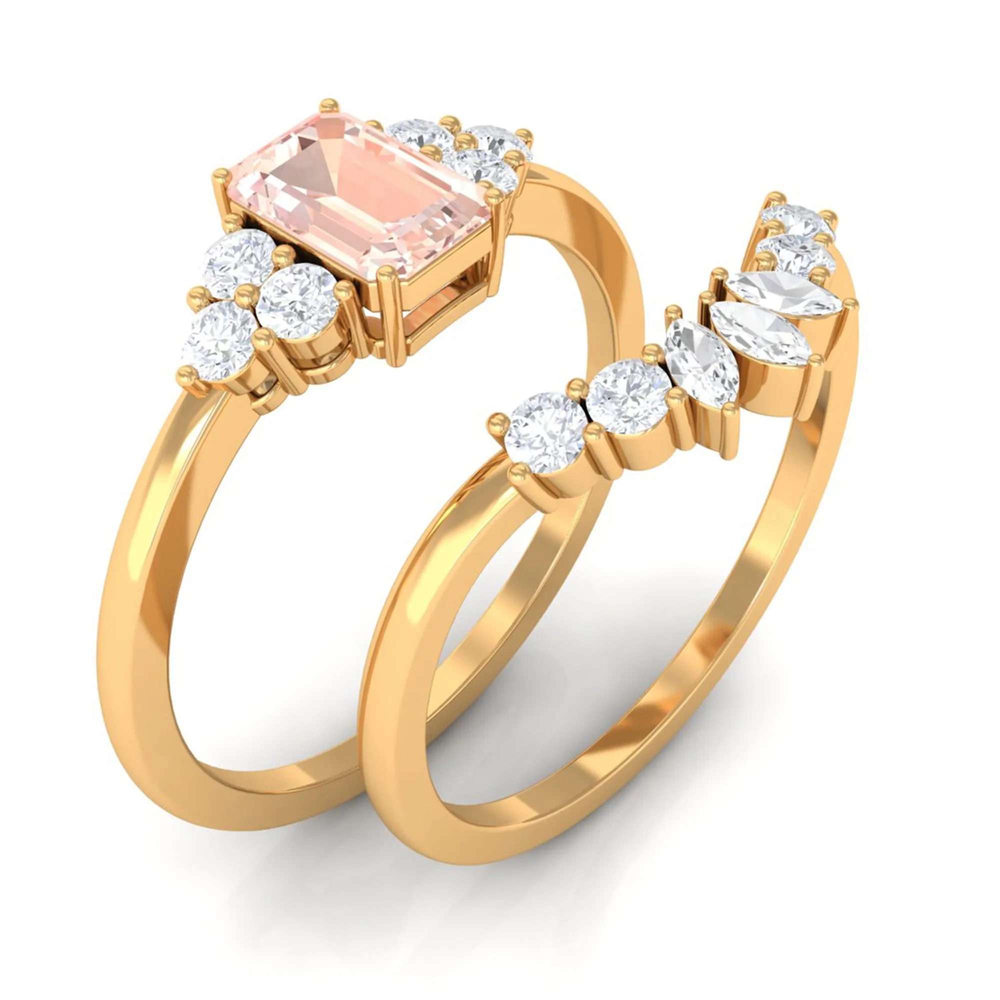 Emerald Cut Morganite Solitaire Stackable Ring Set with Diamond
