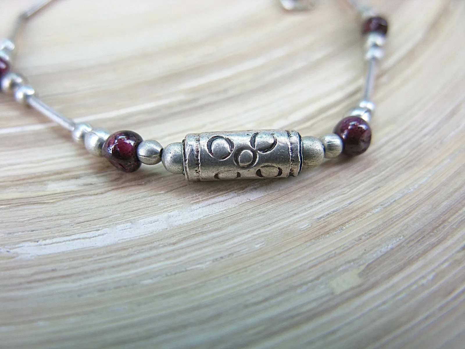 Garnet Tribal Oxidized 925 Sterling Silver Bracelet
