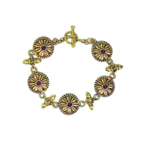 Greek Red Rosette Round Link Bracelet with Garnets Gold Finish