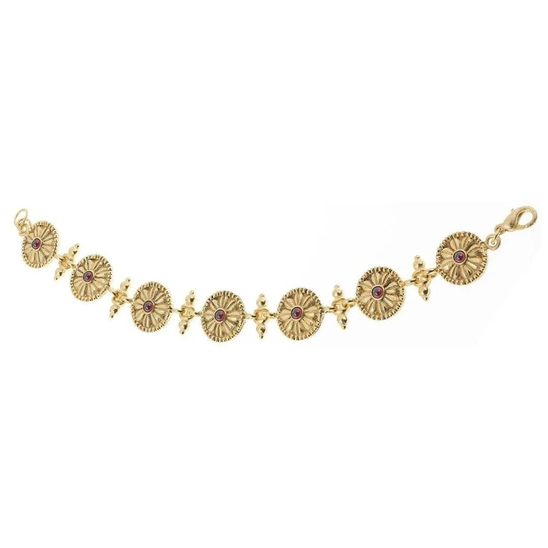 Greek Red Rosette Round Link Bracelet with Garnets Gold Finish