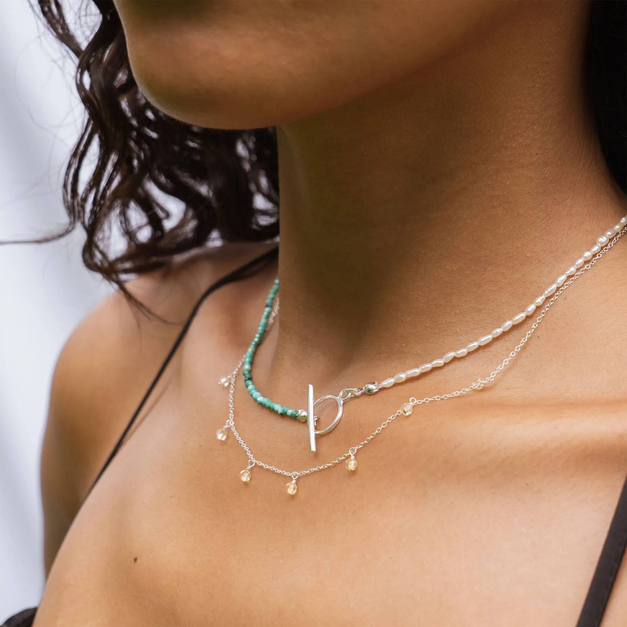 Halfway dangle Cut Pebble gemstone necklace silver