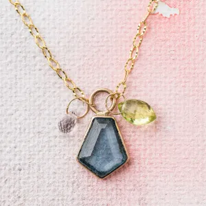 London Blue Topaz Shield Necklace with Peridot and Sapphire
