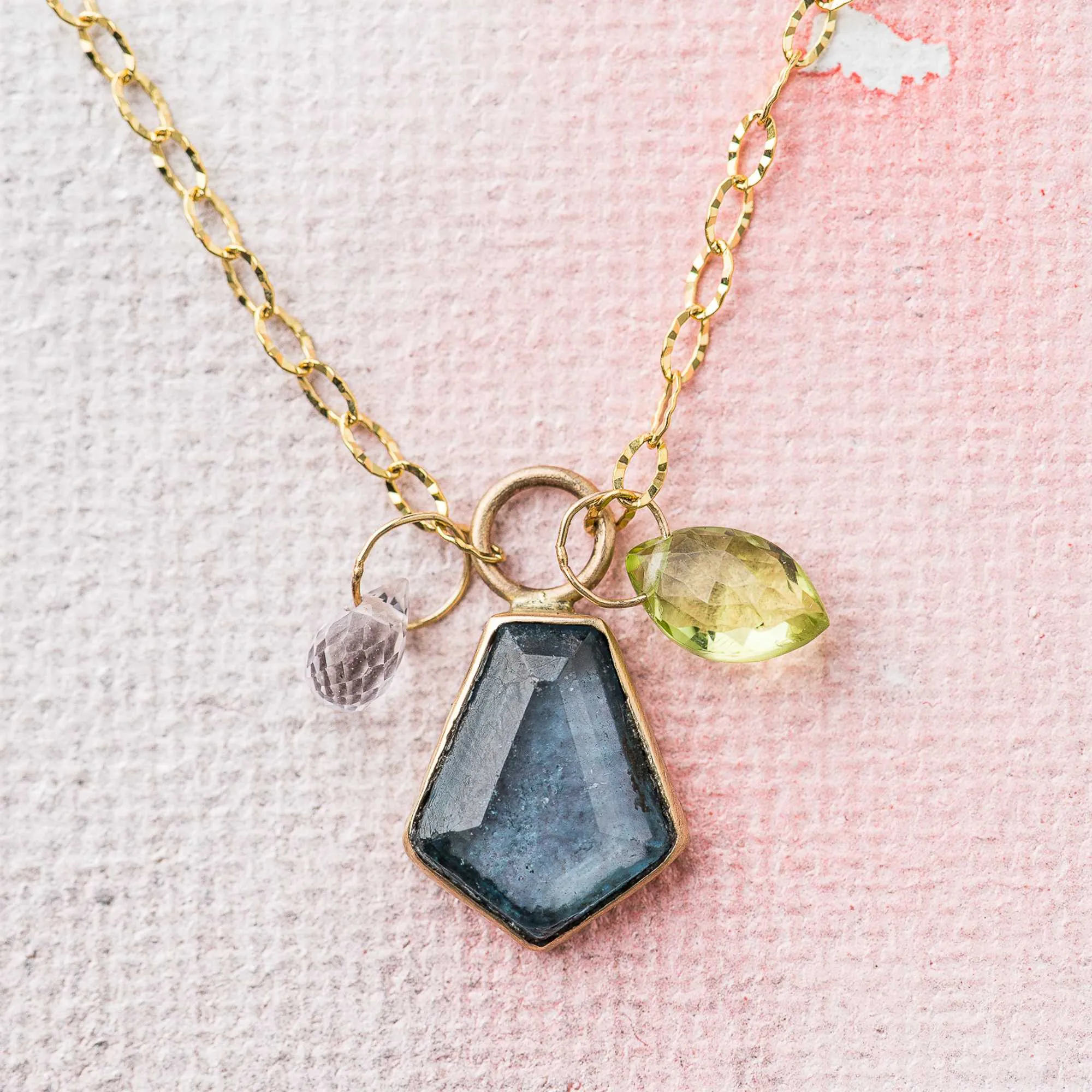 London Blue Topaz Shield Necklace with Peridot and Sapphire