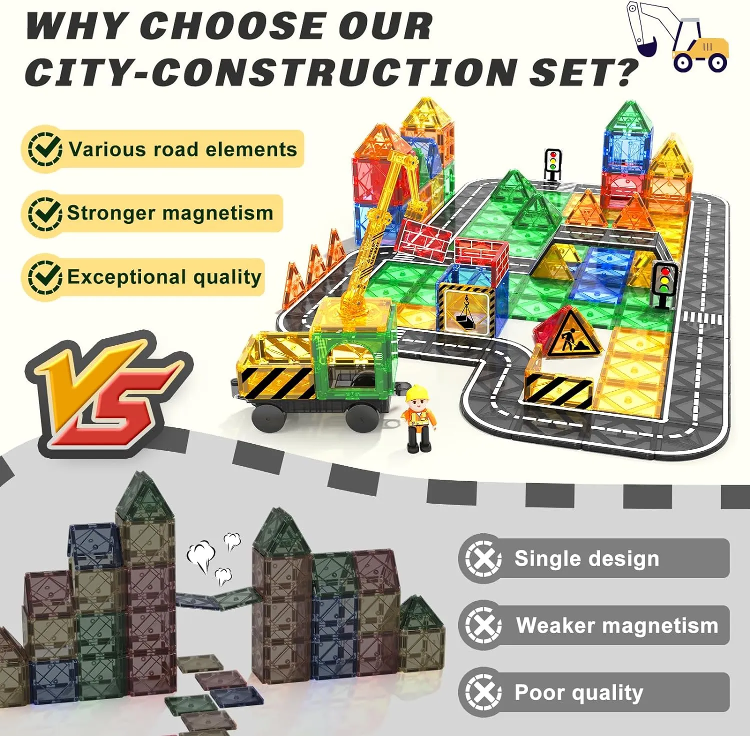 Magworld® Kids Games Magnetic Tiles Road Set with Extendable Magnetic Crane, City Construction Building Toys for Toddlers STEM Preschool Toys Ages 4-6 5-7, Gifts for 3  Year Old Boys Girls Kids Toys with Car