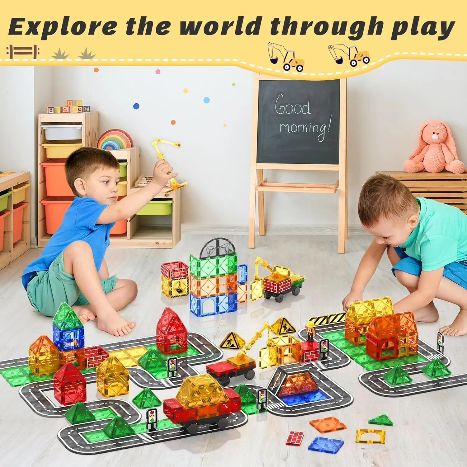 Magworld® Kids Games Magnetic Tiles Road Set with Extendable Magnetic Crane, City Construction Building Toys for Toddlers STEM Preschool Toys Ages 4-6 5-7, Gifts for 3  Year Old Boys Girls Kids Toys with Car