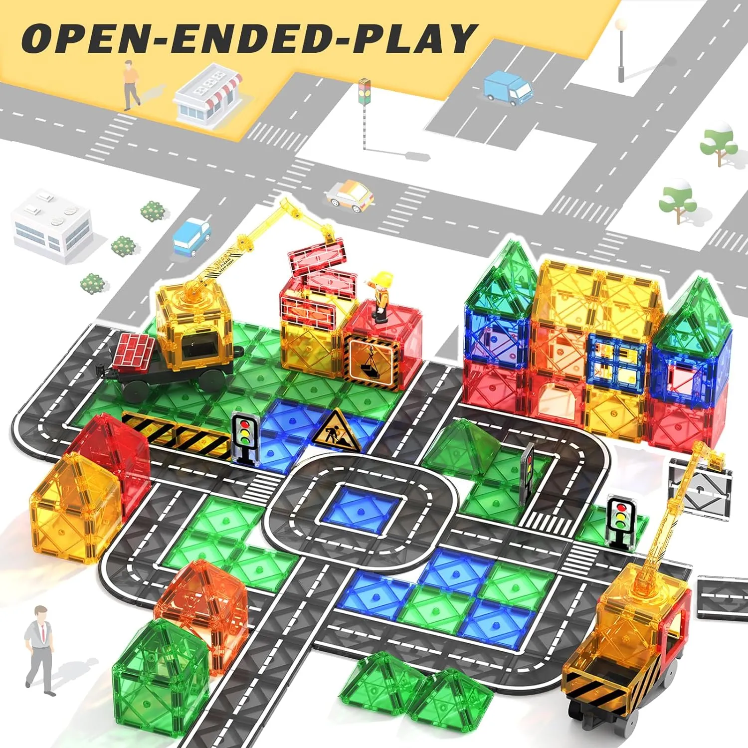 Magworld® Kids Games Magnetic Tiles Road Set with Extendable Magnetic Crane, City Construction Building Toys for Toddlers STEM Preschool Toys Ages 4-6 5-7, Gifts for 3  Year Old Boys Girls Kids Toys with Car