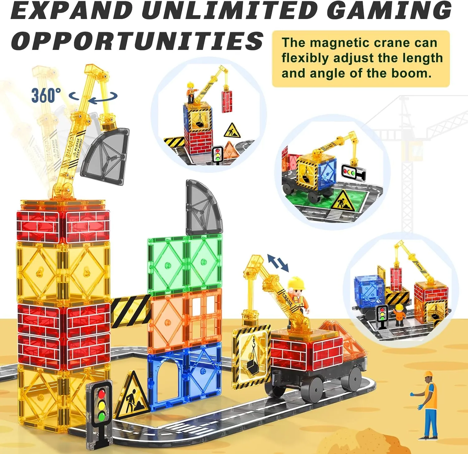Magworld® Kids Games Magnetic Tiles Road Set with Extendable Magnetic Crane, City Construction Building Toys for Toddlers STEM Preschool Toys Ages 4-6 5-7, Gifts for 3  Year Old Boys Girls Kids Toys with Car