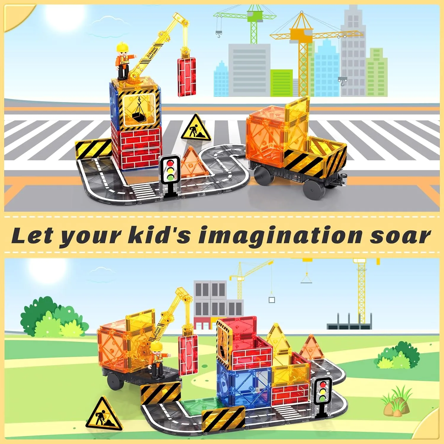 Magworld® Kids Games Magnetic Tiles Road Set with Extendable Magnetic Crane, City Construction Building Toys for Toddlers STEM Preschool Toys Ages 4-6 5-7, Gifts for 3  Year Old Boys Girls Kids Toys with Car