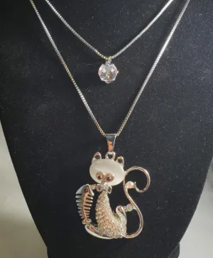 N2234 Silver Moonstone Cat & Fishbone Necklace with FREE EARRINGS