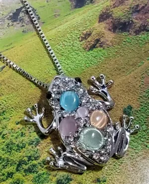 N267 Silver Frog Multi Color Moonstone Necklace with FREE Earrings