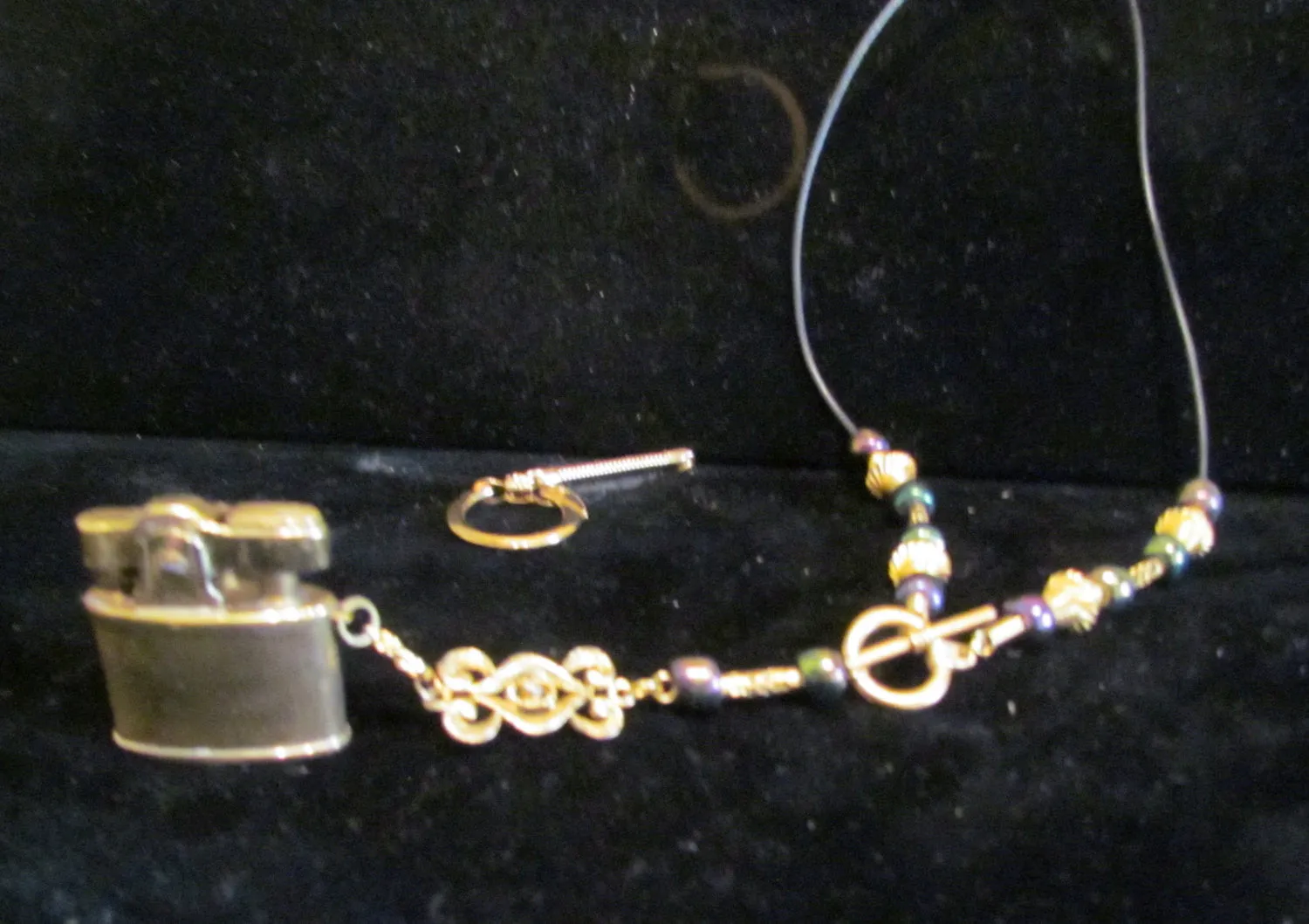 OOAK Gold Pendant Lighter Necklace Handmade Leather & Beaded Vintage Lighter Working Lighter Keychain