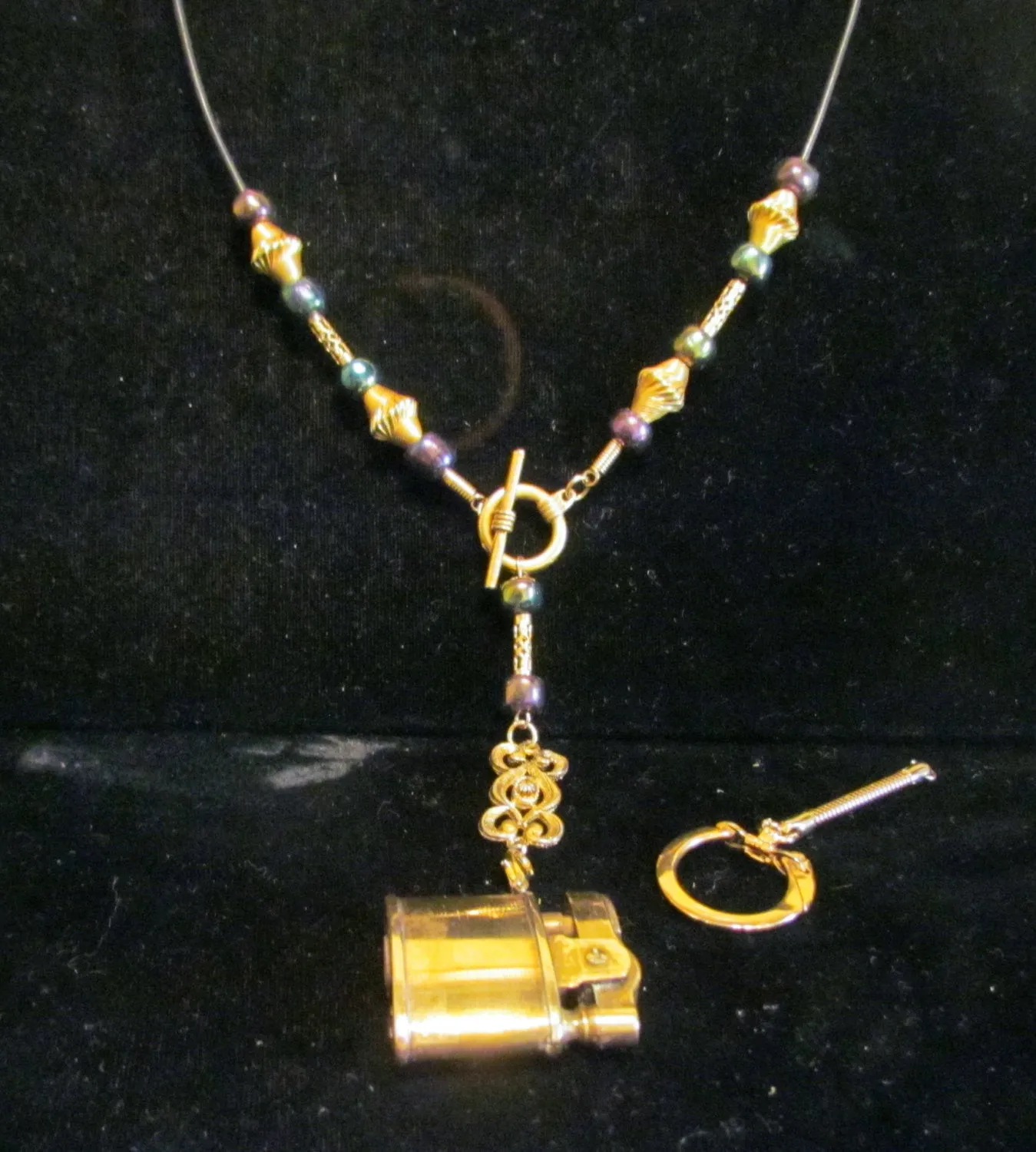 OOAK Gold Pendant Lighter Necklace Handmade Leather & Beaded Vintage Lighter Working Lighter Keychain
