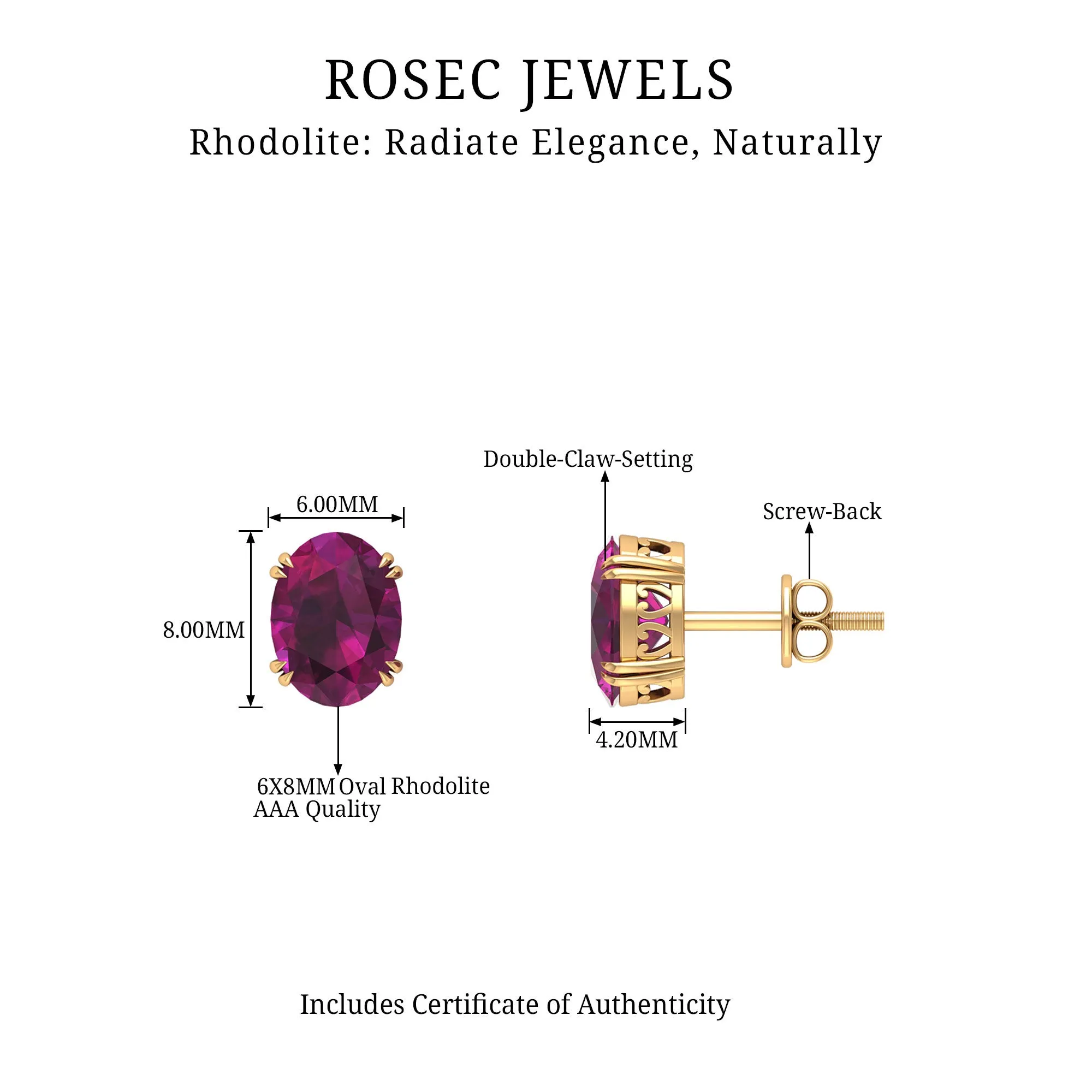 Oval Cut Rhodolite Solitaire Stud Earrings in Double Claw Setting