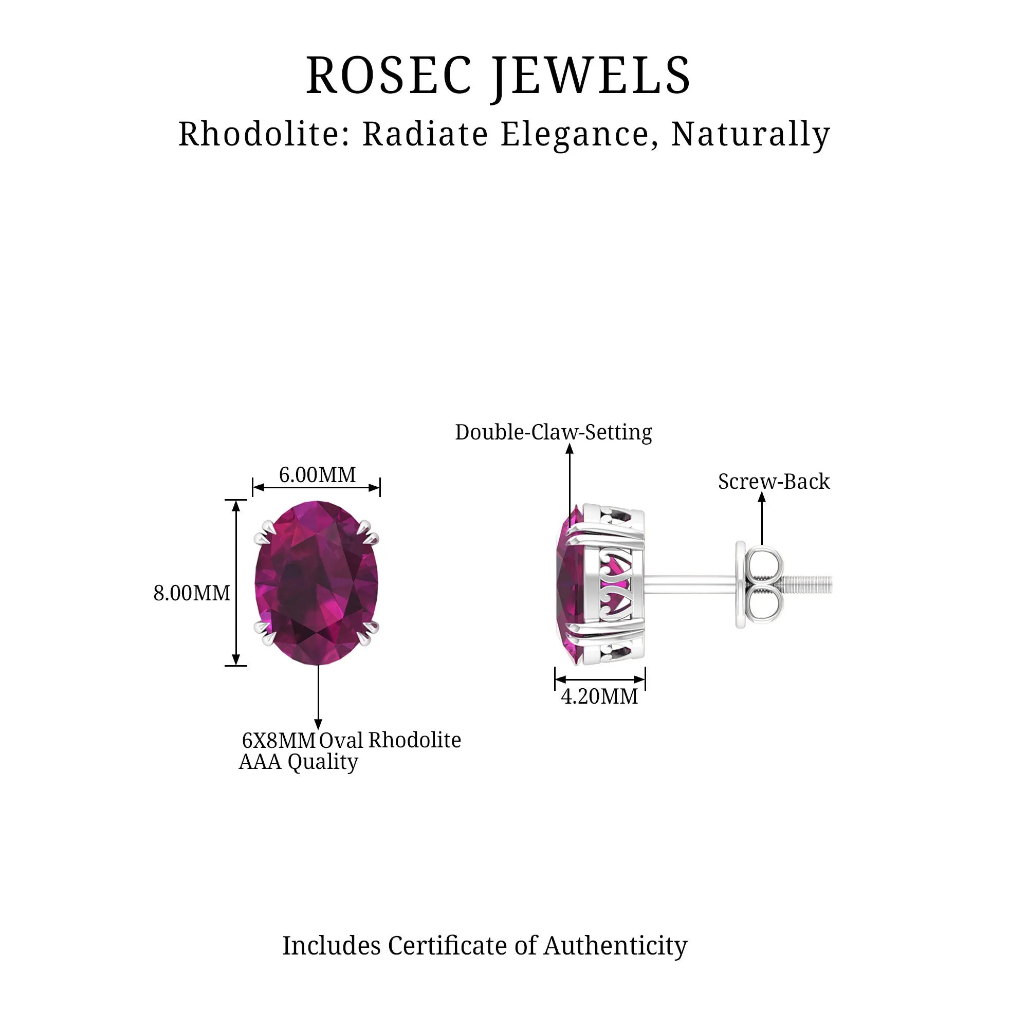 Oval Cut Rhodolite Solitaire Stud Earrings in Double Claw Setting