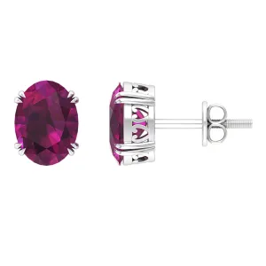 Oval Cut Rhodolite Solitaire Stud Earrings in Double Claw Setting