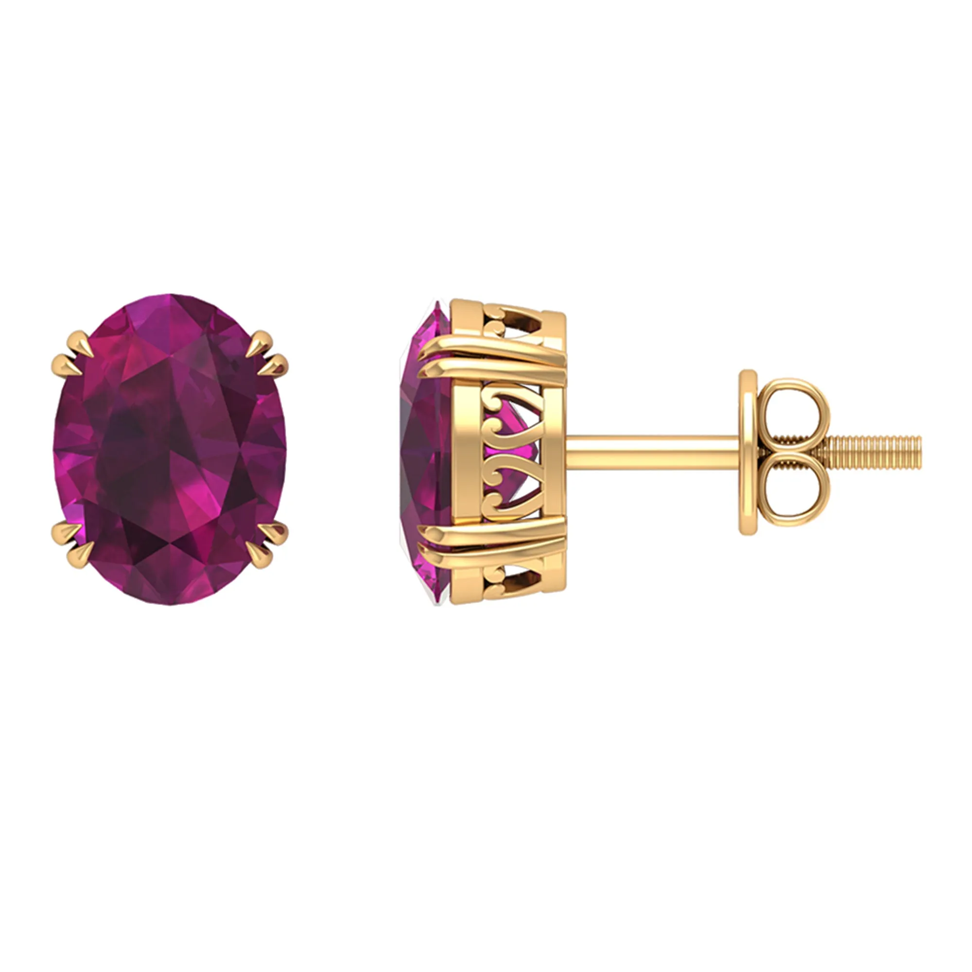 Oval Cut Rhodolite Solitaire Stud Earrings in Double Claw Setting