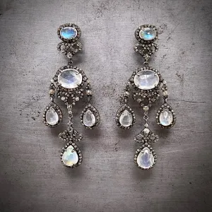 Oxidized Sterling Silver Diamond Moonstone Chandelier Earrings