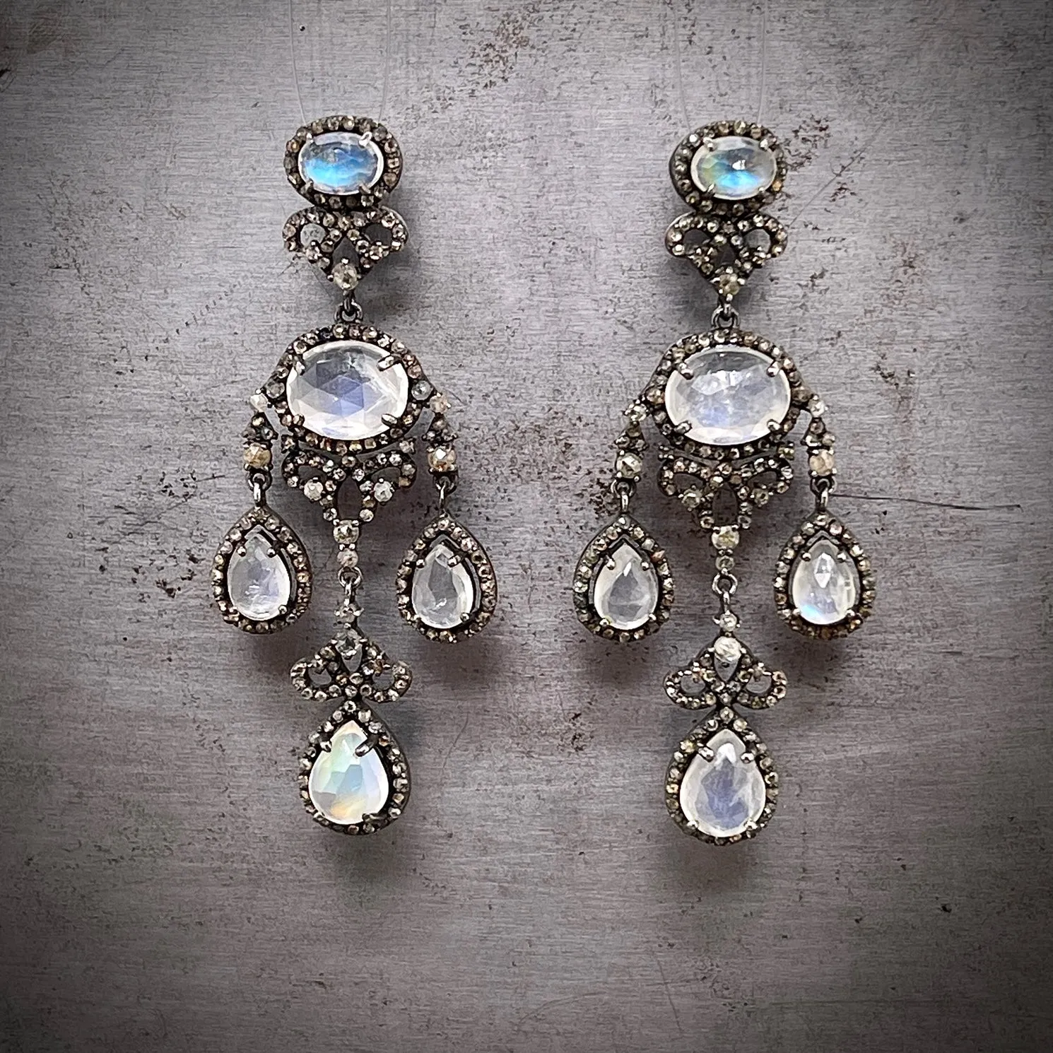 Oxidized Sterling Silver Diamond Moonstone Chandelier Earrings
