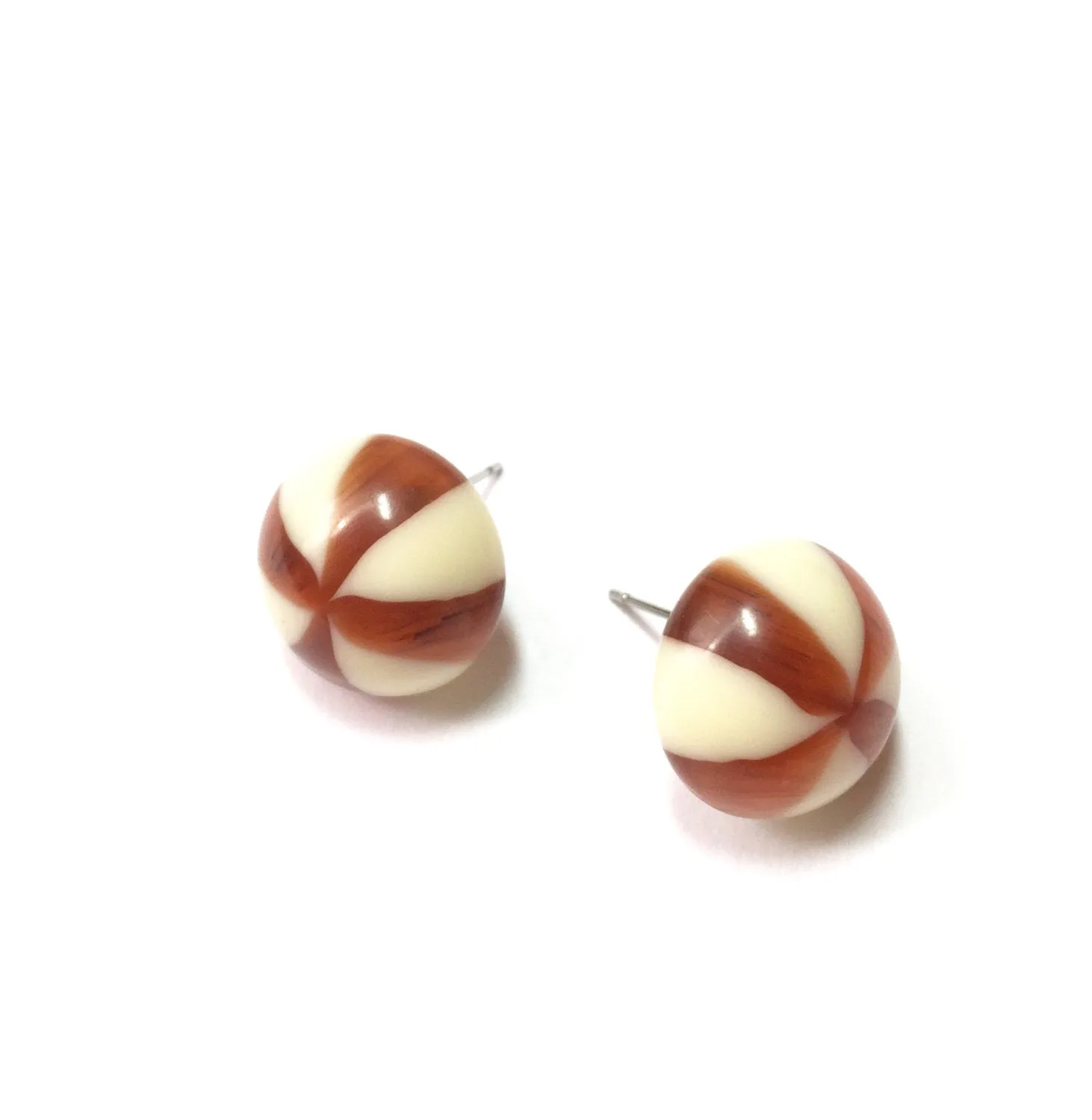 Tortoise Cream Candy Stripe Retro Button Stud Earrings