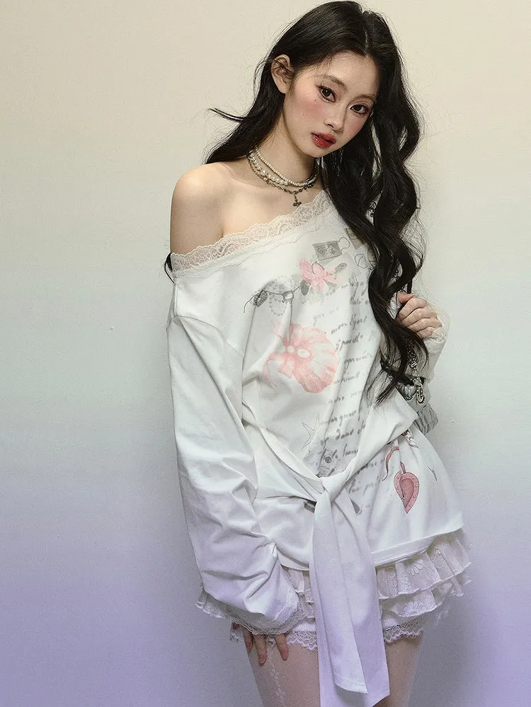 White Asymmetrical Neckline Printed Top with Tie Detail